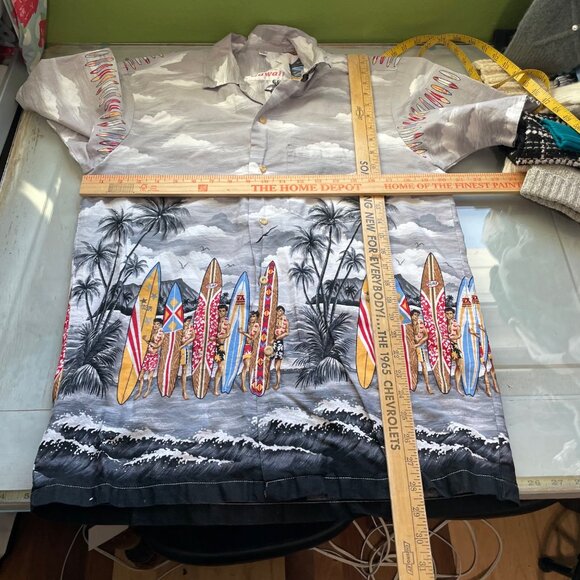 Hawaiian Made Shirt Size Medium Surfboard Button Front Hawaiian Surf Gray Cotton - Picture 6 of 8